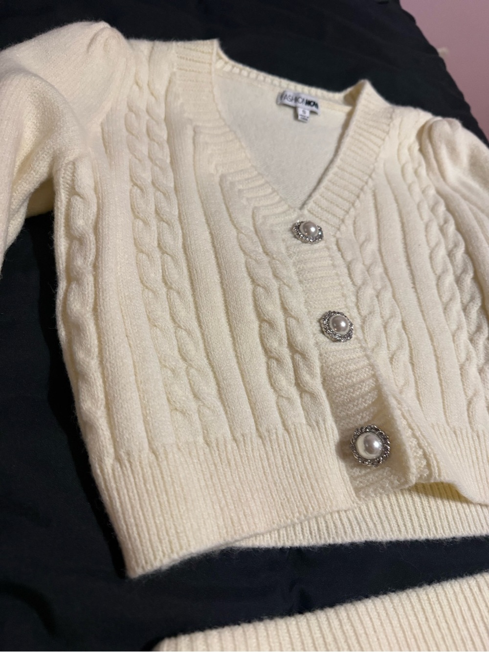 Fashion Nova Cream Cable-Knit sparkly Button Skirt Set - Picture 6 of 8